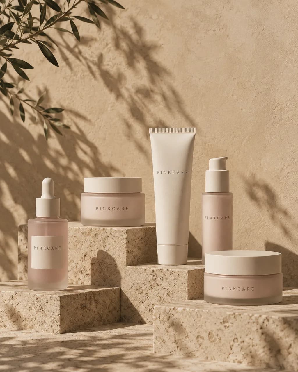 The Pinkcare range arranged on travertine steps in afternoon light