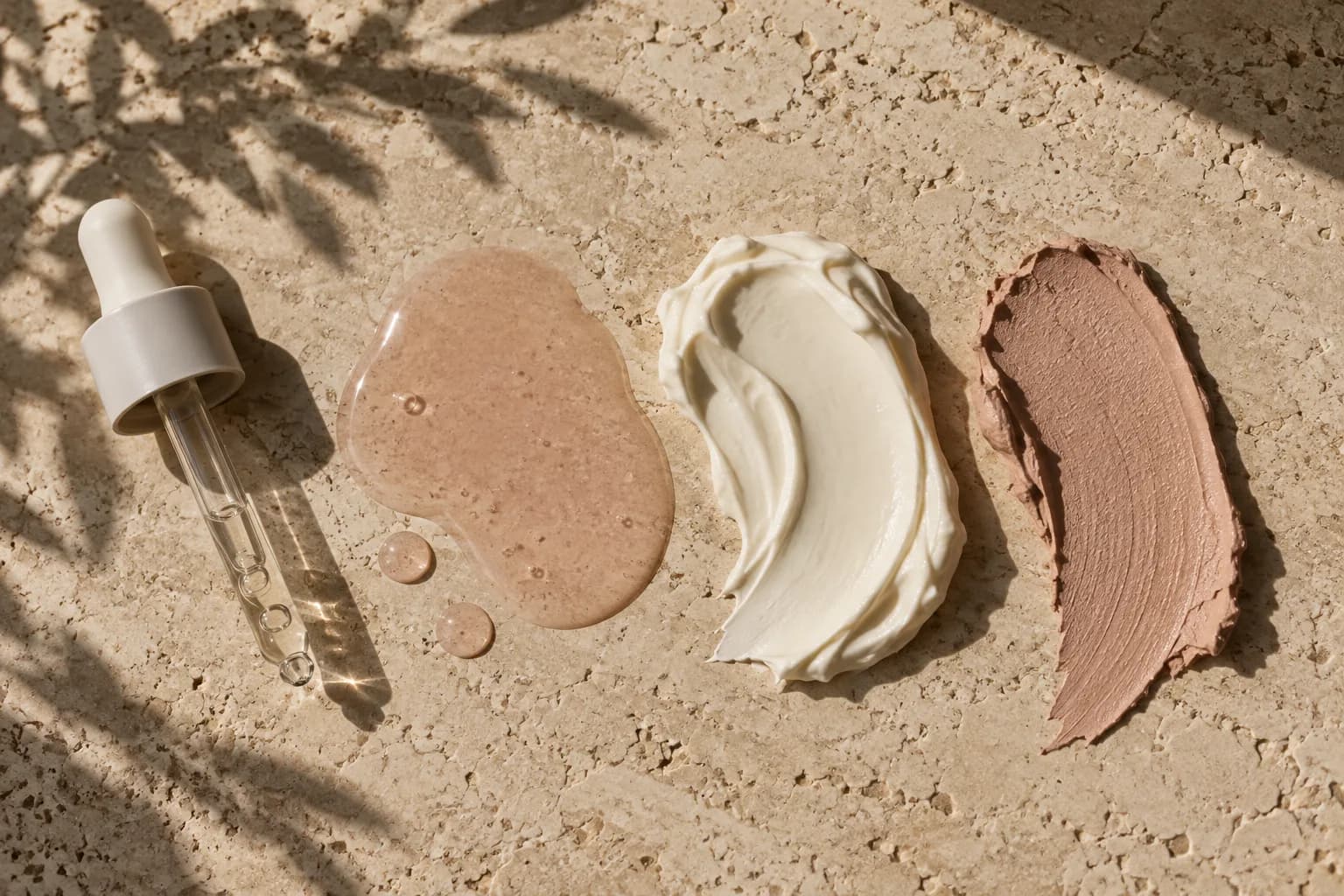 Serum, cream and clay textures side by side on travertine